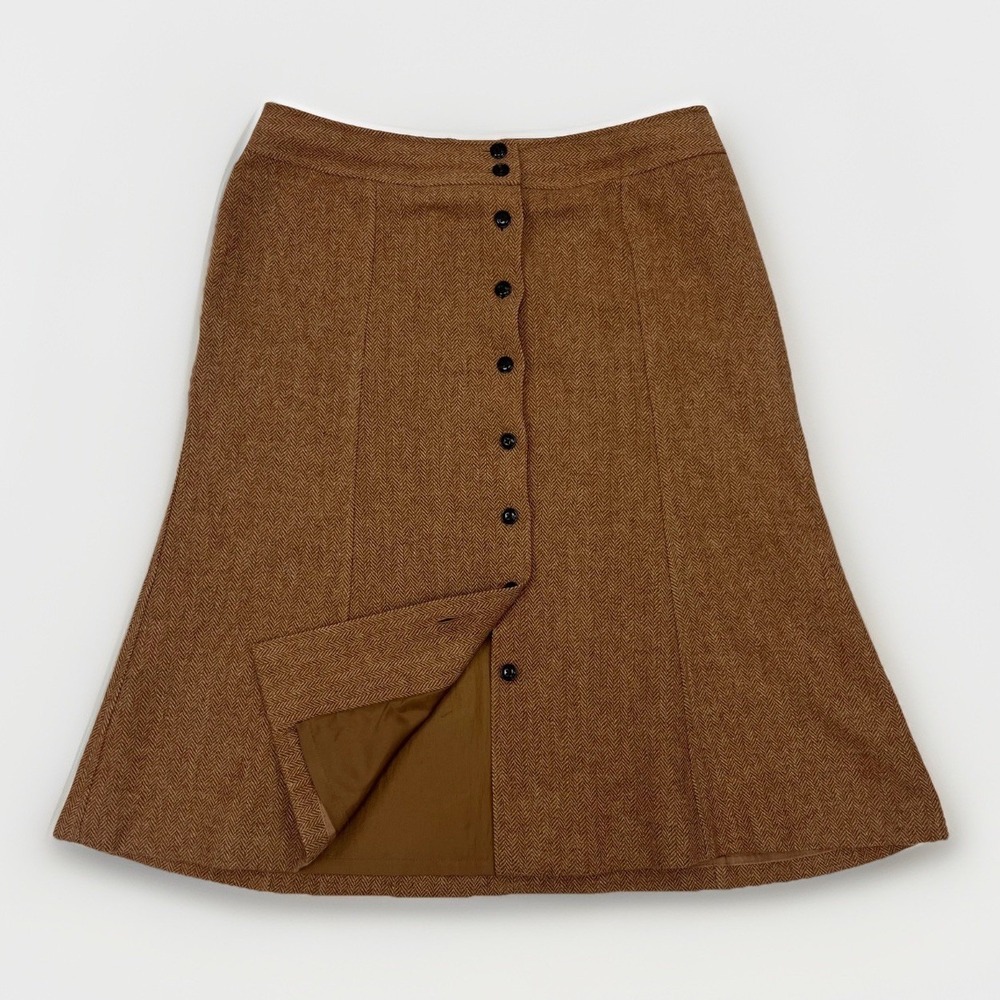 Vintage Talbots 100% Wool Midi Skirt Brown Herringbone A-Line 14P Old Money